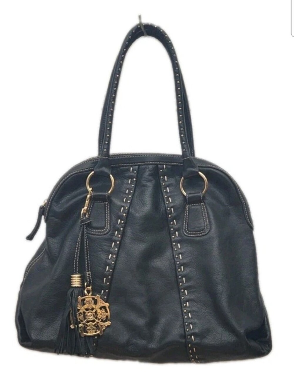 Kate Landry Black Leather Satchel Tote Purse Gold Studded Whipstitch